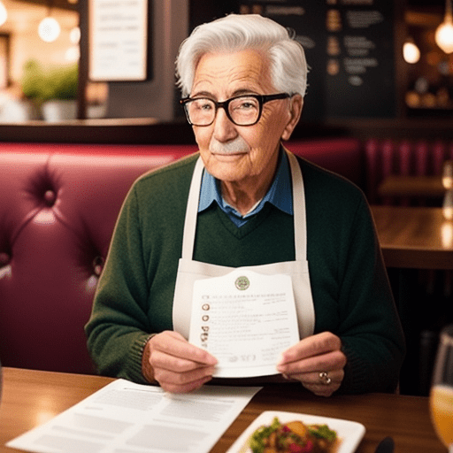 A senior person eating out in a restaurant, holding a menu with a vegan symbol highlighted