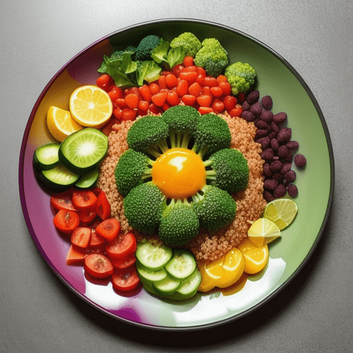 A vibrant colorful vegan meal on a plate with a variety of fresh vegetables, grains, and fruits.